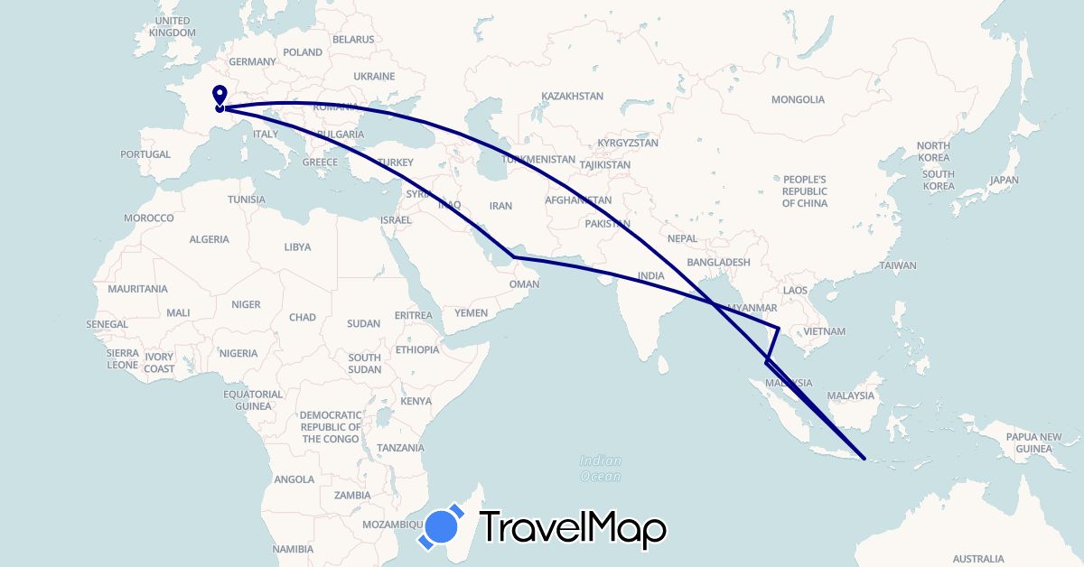 TravelMap itinerary: driving in United Arab Emirates, France, Indonesia, Thailand (Asia, Europe)